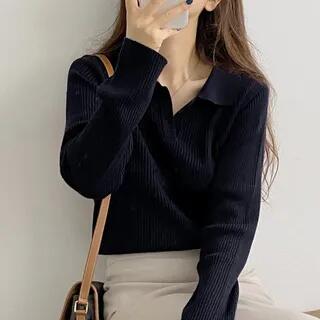 Collared Plain Knit Top Black by Shinsei