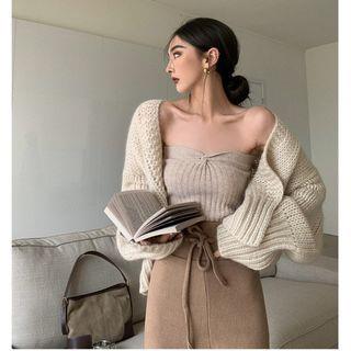 Plain Cardigan / Knit Tube Top / Plain High-Waist Pants Cardigan - Coffee by Alfie