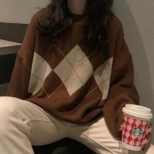 Crew-Neck Argyle Oversized Sweater Coffee 167260532