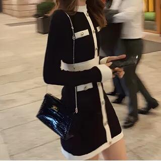 Long-Sleeve Contrast Trim Knit Mini Sheath Dress White by Yilda