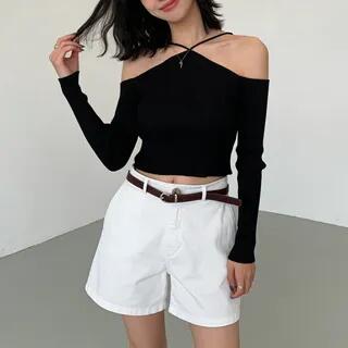 Long-Sleeve Off-Shoulder Plain Halter Top White - M=One Size by Odestra