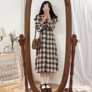 Long-Sleeve Midi Plaid Shirtdress Blue by Fabrica