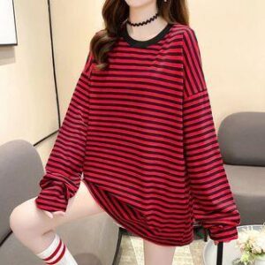 red and black striped oversized long-sleeve tee