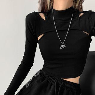 Long-Sleeve Mock Two-Piece Cropped T-Shirt White by Shira