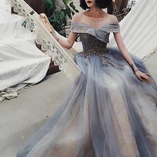 Off-Shoulder Embroidered A-Line Gown Gold & Blue by DreesHouse