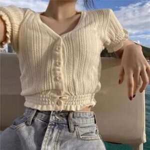 Smocked Short-Sleeve Pointelle Cropped Cardigan Purple 176611509