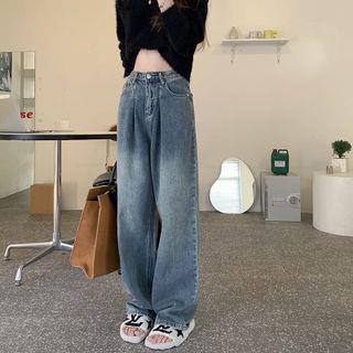 High-Waist Washed Baggy Jeans Blue by Hevnir