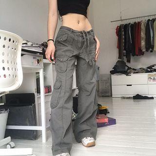 Low Rise Plain Wide-Leg Cargo Jeans Gray by BrickBlack