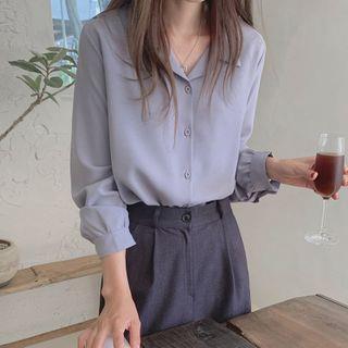 Long Sleeve V-Neck Blouse Gray by PINPI