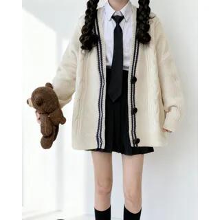 Long Sleeve V-Neck Contrast-Trim Cable Knit Loose-Fit Cardigan Almond by Mikiko