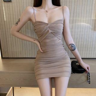[M] Spaghetti Strap Mini Sheath Dress Khaki by Letme