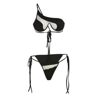 Set: One Shoulder Mesh Panel Bikini Top + Self-Tie Bottom Black by Alizio
