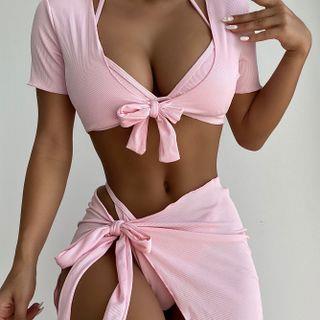 Set: Halter-Neck Bikini + Wrap Swim Skirt + Short-Sleeve Cover Up 6314 - Bikini & Skirt & Cover Up - Pink by BrickBlack