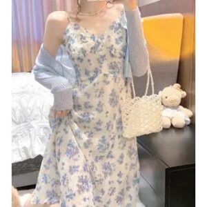 Spaghetti Strap Floral Print Midi Dress / Cardigan Dress - Floral - White 186387903
