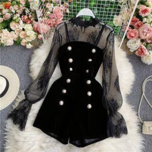 Set: Long Sleeve Mesh Top + Double Breasted Velvet Playsuit Black 186746239