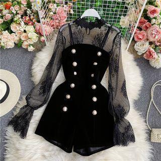 Set: Long Sleeve Mesh Top + Double Breasted Velvet Playsuit Black by Iasia