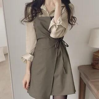 Plain Shirt / Wrap Mini Overall Dress Shirt - Almond by MIKIGA