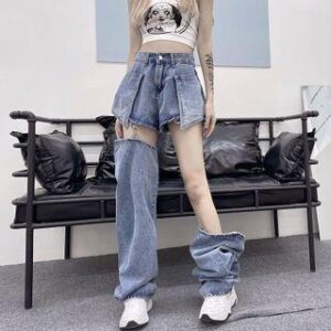 High-Waist Detachable Straight Leg Jeans Blue 189033299