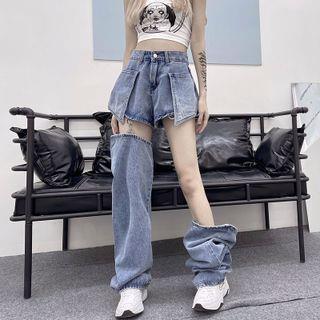 High-Waist Detachable Straight Leg Jeans Blue by Porstina