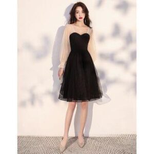 Long-Sleeve Two-Tone Mesh A-Line Evening Dress Type A - Short Length - Black 192525654