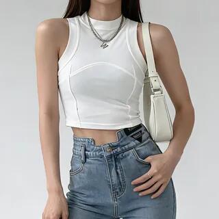 Paneled Mock-Neck Crop Tank Top Black by Shira