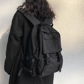 Plain Multi-Pocket Nylon Backpack Black by Basaran