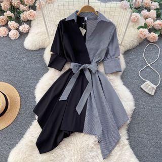 Short-Sleeve Two-Tone A-Line Dress Black by Lucuna