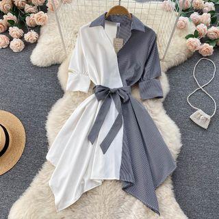 Short-Sleeve Two-Tone A-Line Dress White by Lucuna