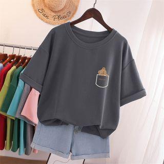 Elbow-Sleeve Cartoon Print T-Shirt Metal Gray by Lelache