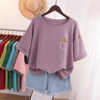 Elbow-Sleeve Cartoon Print T-Shirt Dark Purple by Melon Juice