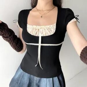 Short Sleeve / Long Sleeve Mock Two Piece Lace-Panel Tie-Front Crop Top Black 197932371