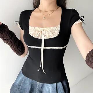 Short Sleeve / Long Sleeve Mock Two Piece Lace-Panel Tie-Front Crop Top Black by Sosana