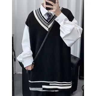 Contrasted V-Neck Sweater Vest White by Macho