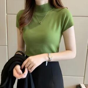 Mock-Neck Short-Sleeve Knit Top Maroon 200360405