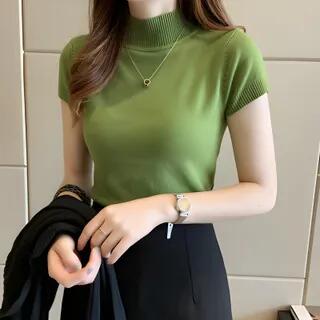 Mock-Neck Short-Sleeve Knit Top Maroon by Moon City