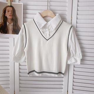 Mock Two-Piece Short-Sleeve Knit Panel Blouse White by DIYI