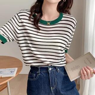 Short Sleeve Striped T-Shirt Stripe - Black & Green by Cloud Nine