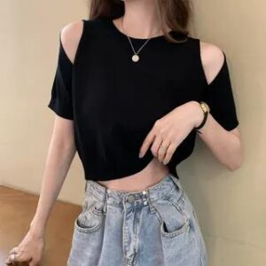 Short-Sleeve Cutout Knit Top White 203507661
