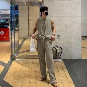 Plain Tank Top / Sweatpants Pants - Khaki 205000984