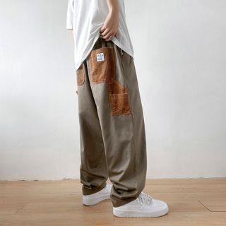 Patchwork Straight-Cut Loose Pants Khaki by Oakjam