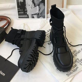 Platform Block Heel Lace Up Short Boots Black by Queen Zoo