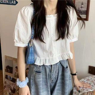 Puff-Sleeve Ruffle Hem Blouse White by Sienne