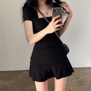 Short-Sleeve Square Neck Mini A-Line Dress Black by Sosana