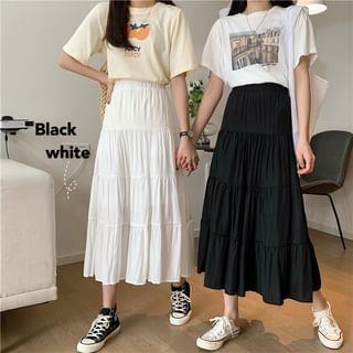 Elastic Waist Tiered A-Line Midi Skirt White by Mikiko