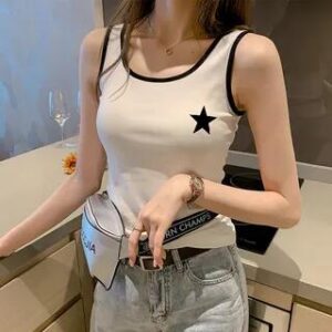 Contrast Trim Star Print Tank Top White 208938148