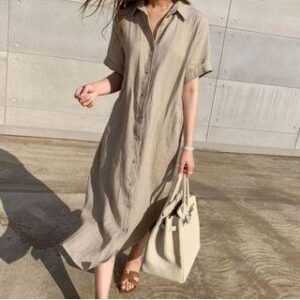 Short-Sleeve Midi A-Line Shirt Dress Khaki 208938649