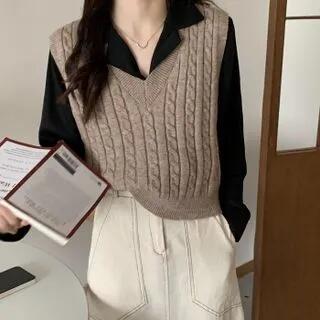 V-Neck Cable Knit Sweater Vest Blue by Beaustreet