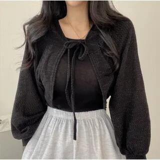 Puff Sleeve Tie-Front Bolero Black by MIKIGA