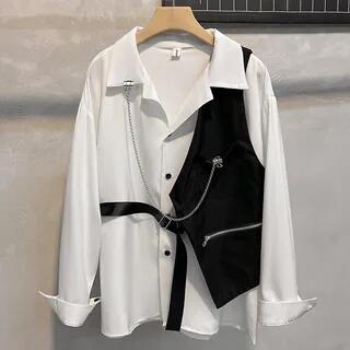 Long Sleeve Chain Detail Inset Vest Shirt White by Whyessa