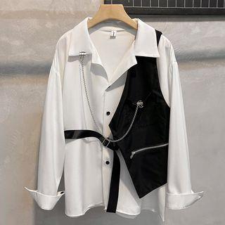 Long Sleeve Chain Detail Inset Vest Shirt White by Whyessa